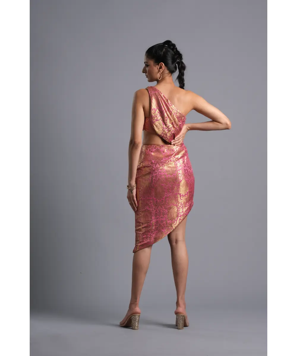 AASTHA SOOD - Bubblegum pink Asymmetric Brocade Dress